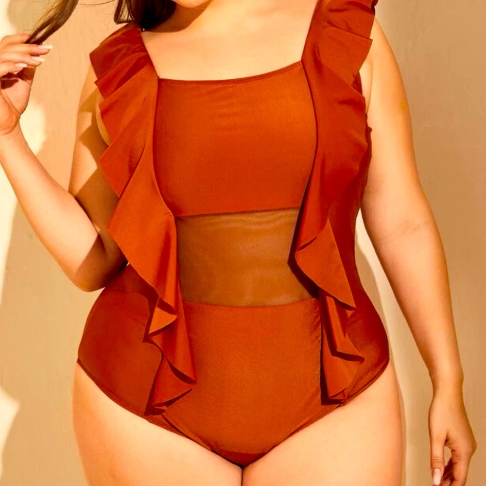 Ruffle Trim Mesh Midriff Swimsuit